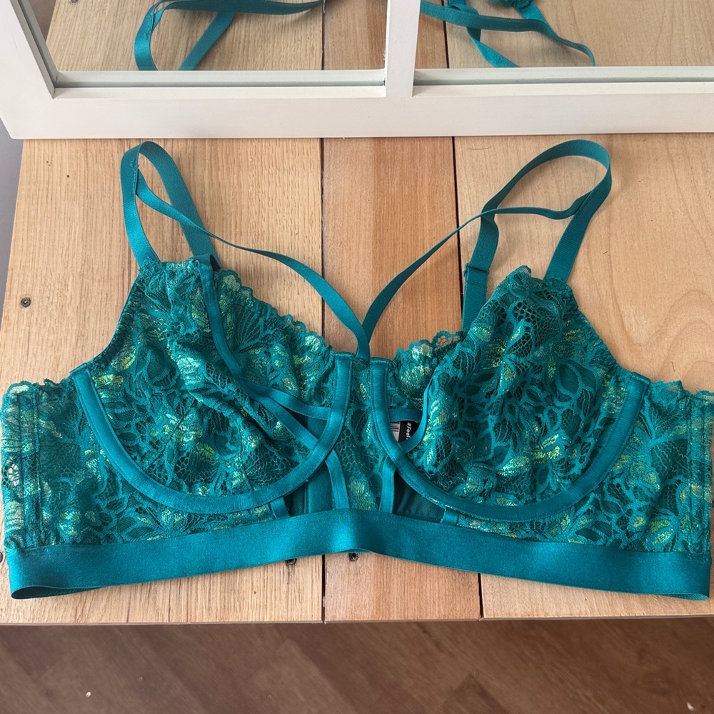 torrid Teal Shimmery Lace Underwire Bralette with Strappy Detail